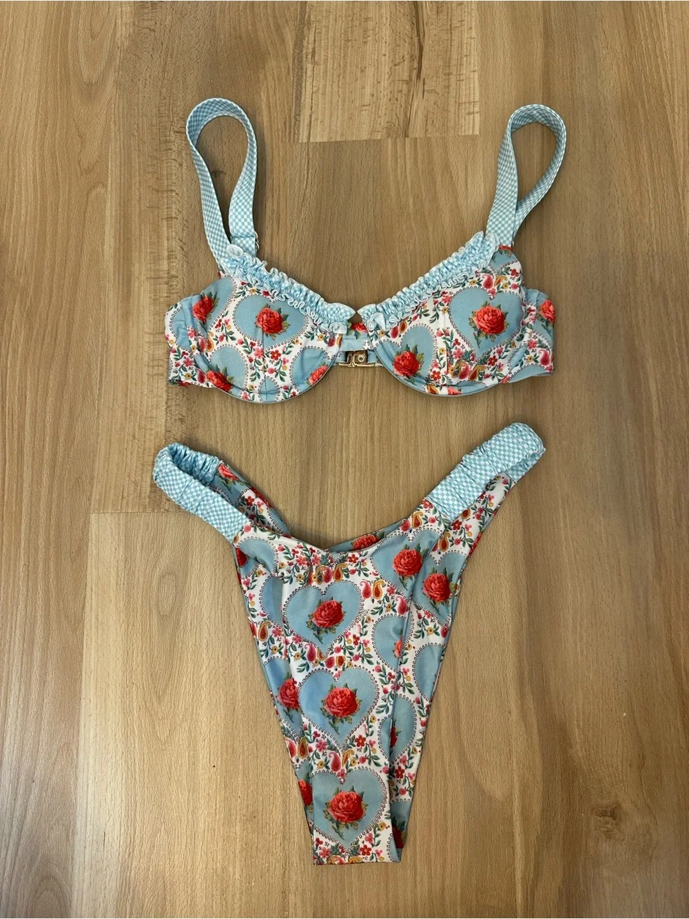 Strawberry Milk Mob Light Blue Floral Underwire Bikini Set with Red Roses