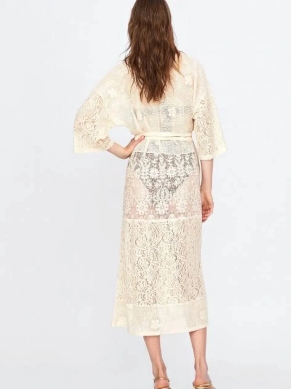 ZARA Cream Lace Kimono Duster Flowing Wrap Dress Cover-Up Beach Vacation Boho M