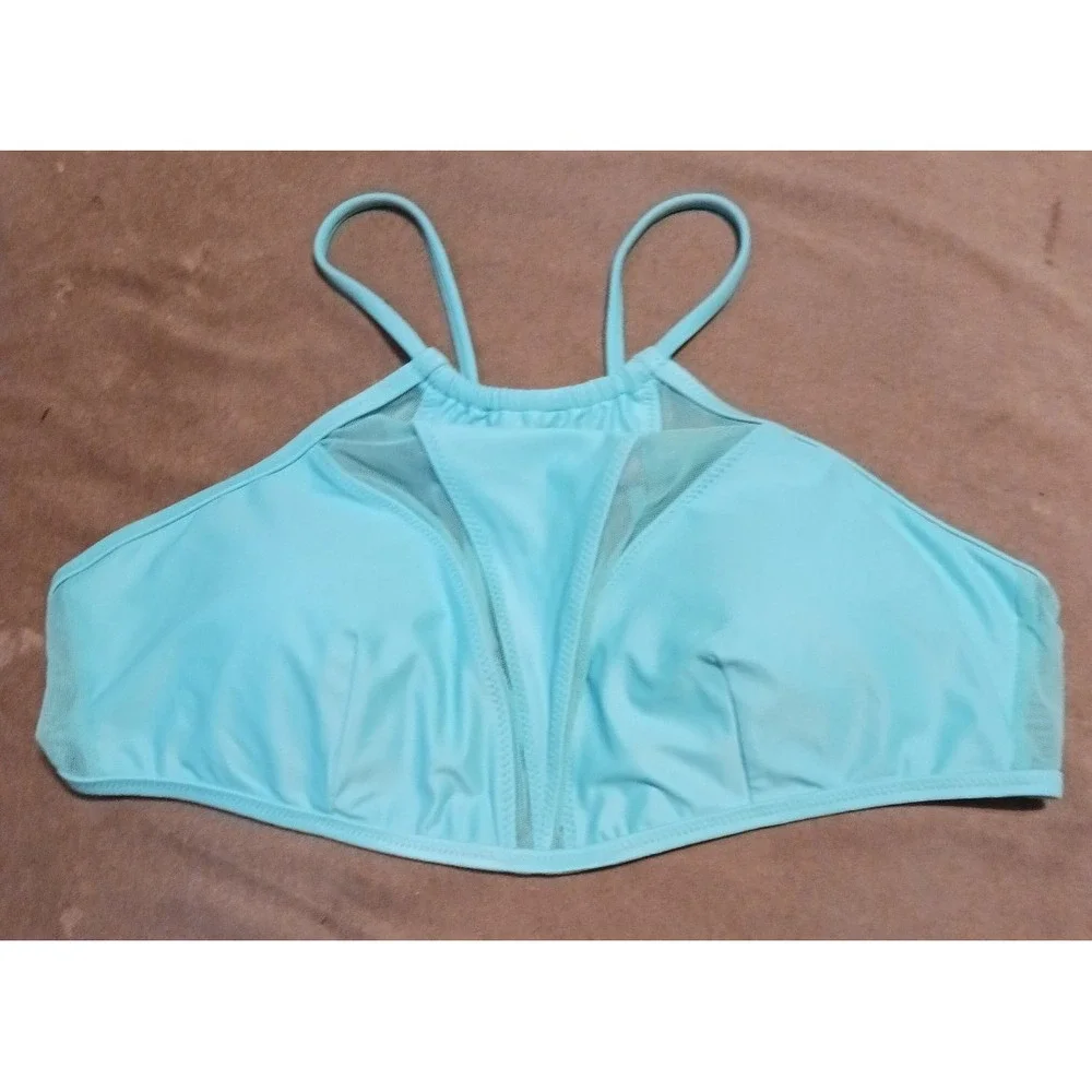 NEW Mae‎ Turquiose Mesh Detailed High Neck Halter Bikini Top, Size Large