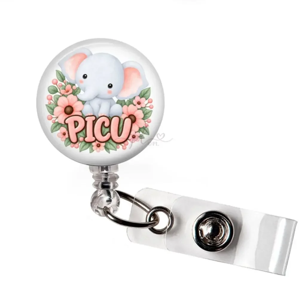 PICU Nurse Badge Reel Pediatric Intensive Care Cute Elephant Floral ID Holder