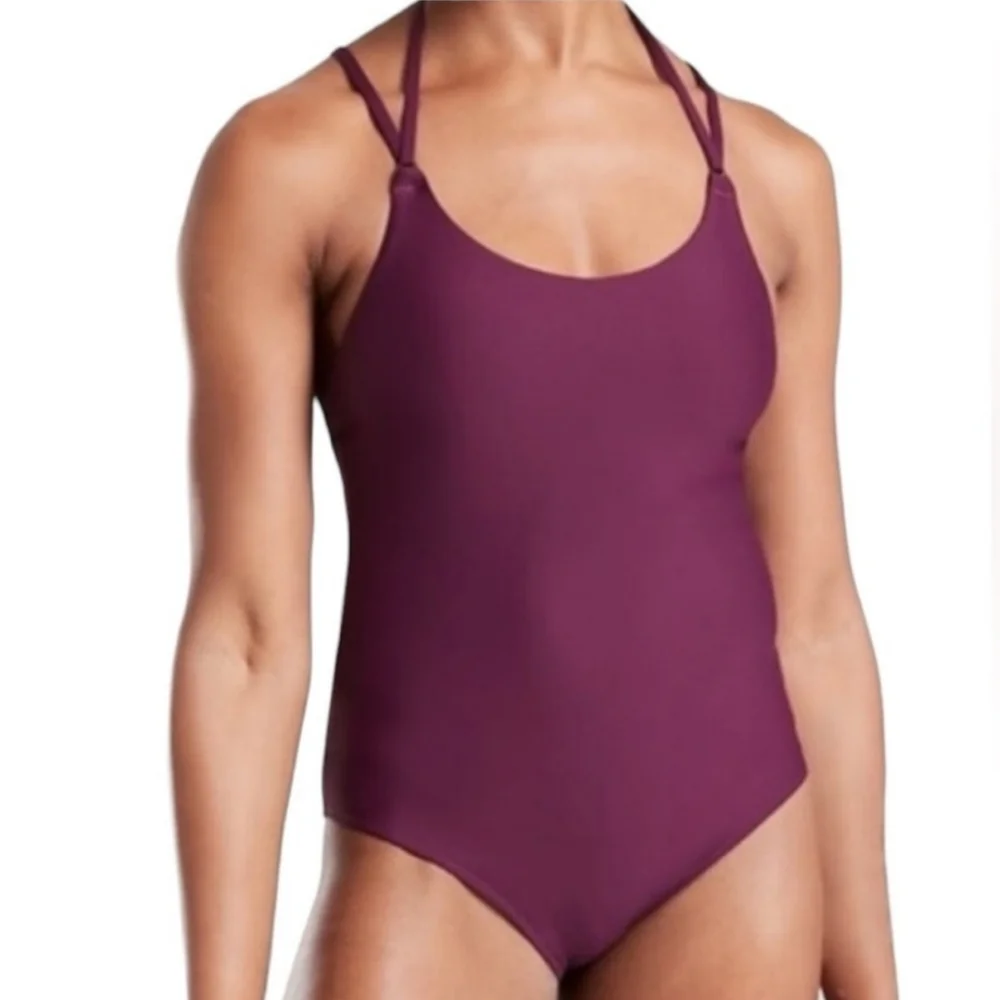 Athleta Keyhole One Piece Swimsuit Swim Strappy Purple Small Tall Skinny Strap