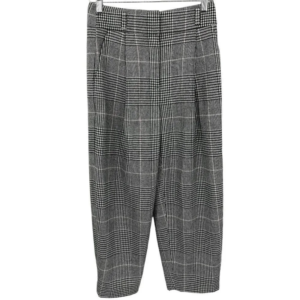 J Crew High Rise Tapered Pleated Plaid Wool Blend Pants Size 00 Houndstooth