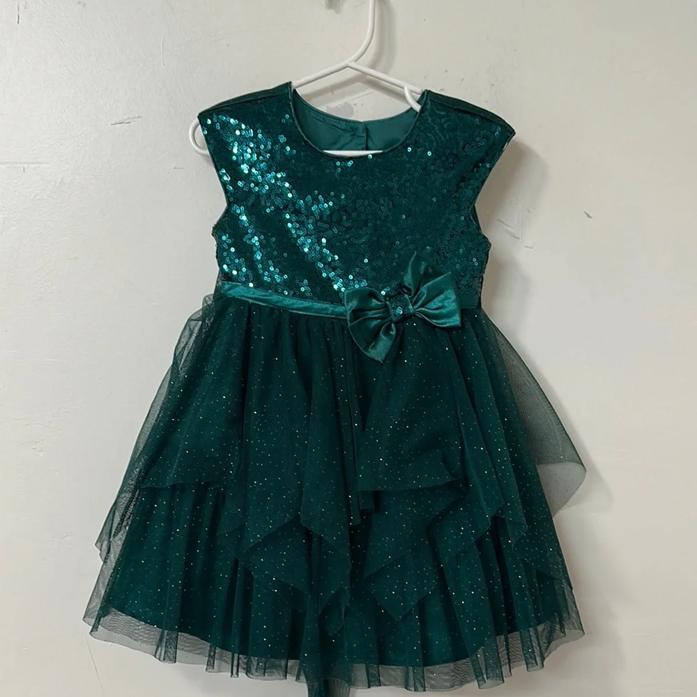 Jona Michelle Teal Green Sequin Bow Tulle Girls Formal Dress