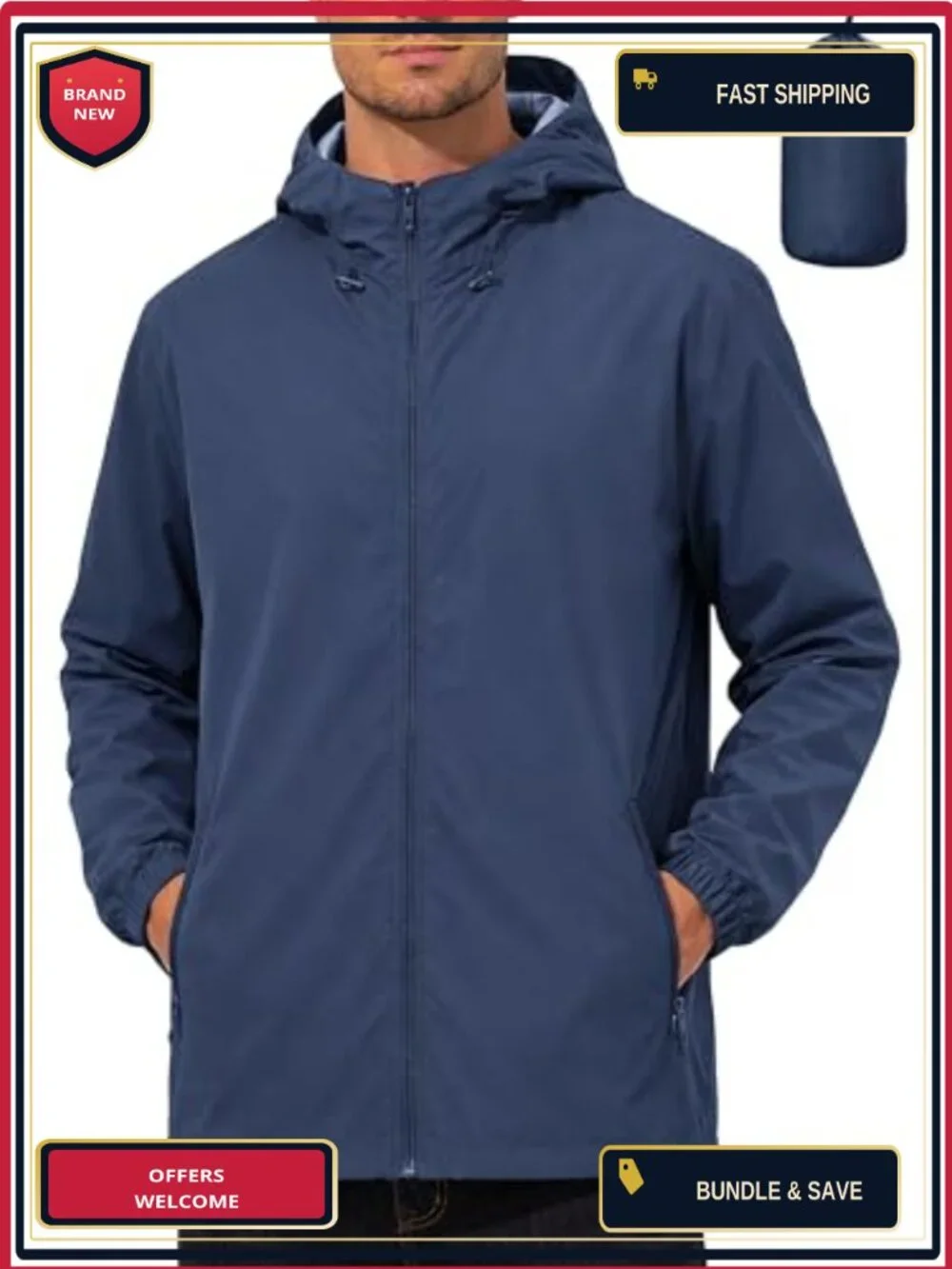 Mens Waterproof Rain Jacket Lightweight Packable Windbreaker