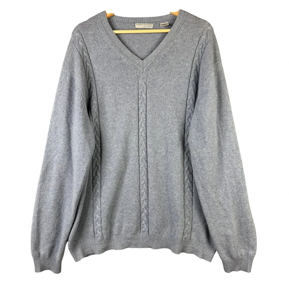 American Blue Pure Cashmere V-Neck Cable Knit Sweater Light Blue XL