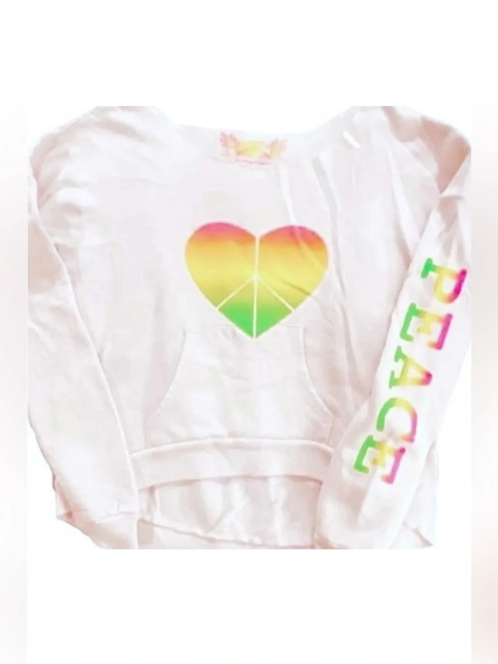 So Nikki- Vintage Sweatshirt-Cutout Neckline Neon Heart & Peace on Sleeve
