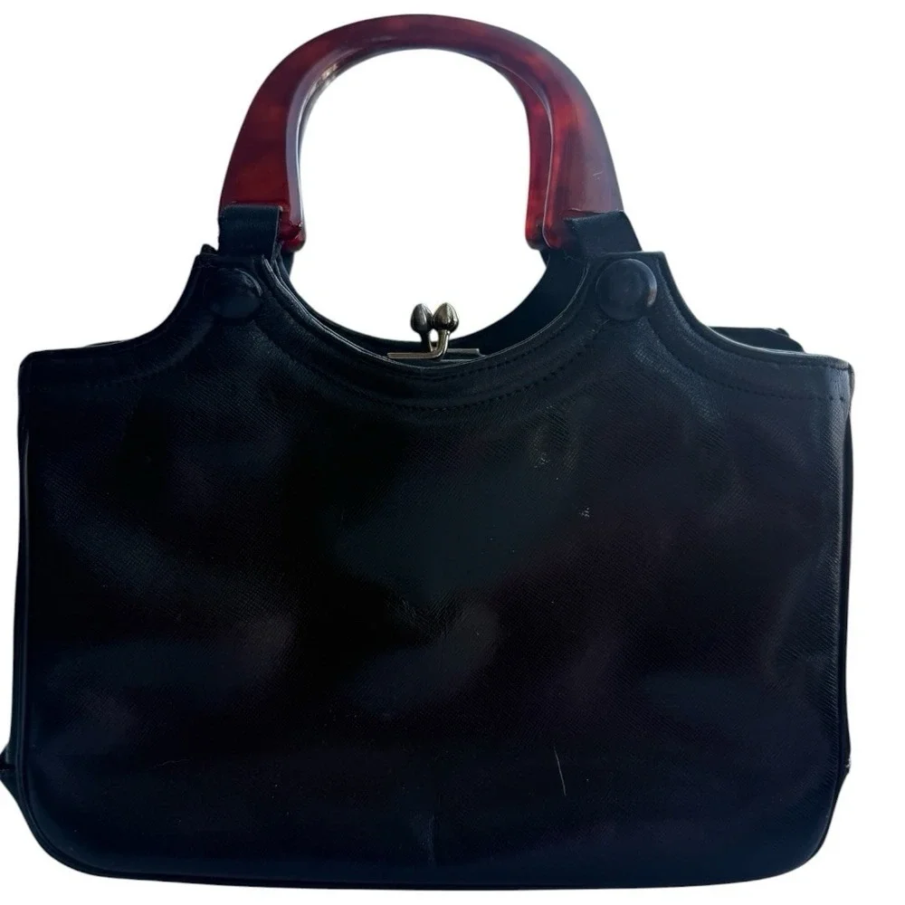 Vintage Dofan Black Leather Kiss Lock Purse‎ Tortoiseshell Lucite Top Handle Bag