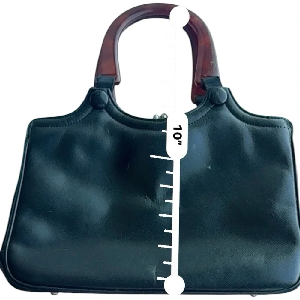 Vintage Dofan Black Leather Kiss Lock Purse‎ Tortoiseshell Lucite Top Handle Bag