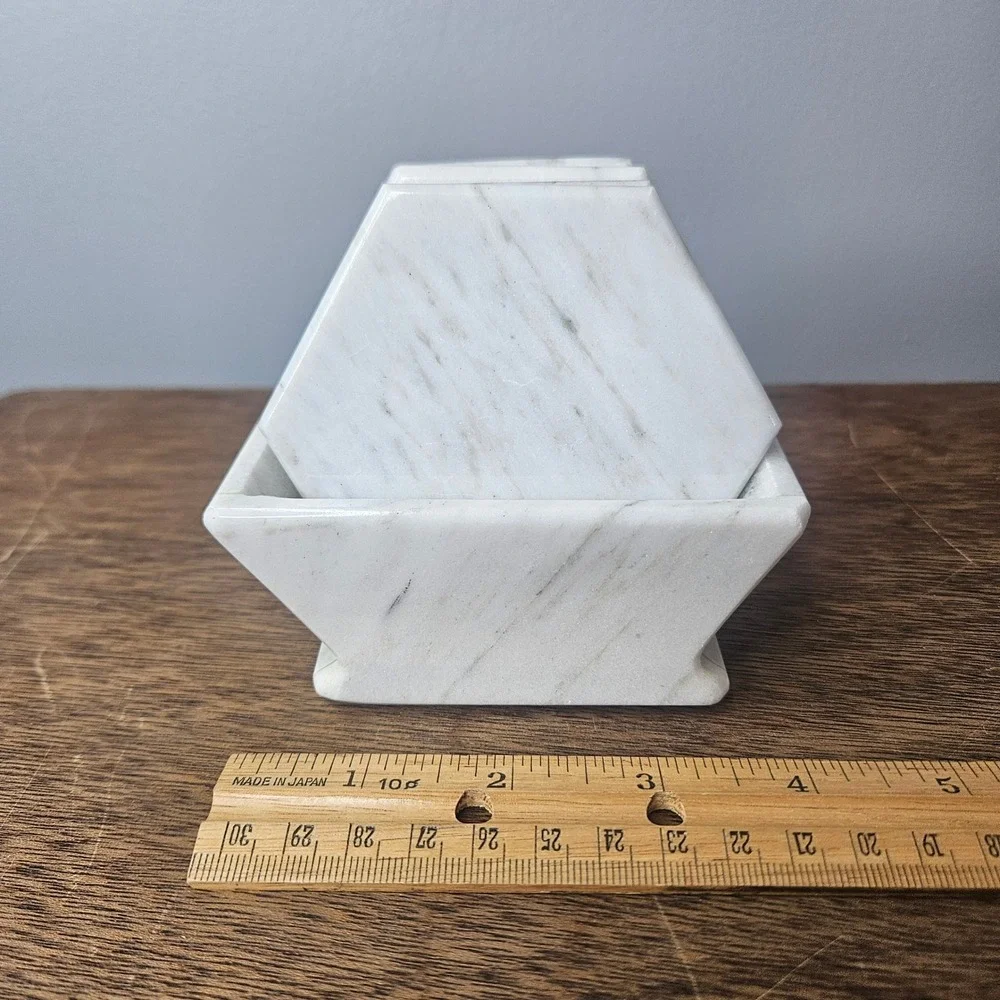 White Marble Hexagon Coasters Set of 5 Matching Caddy‎ Holder Veined Gray Vtg