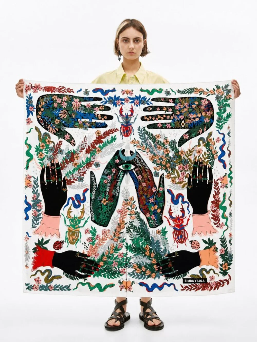 Bimba Y Lola Scarf Surreal Hands Moth Beetle Botanical Folk Art Large Square