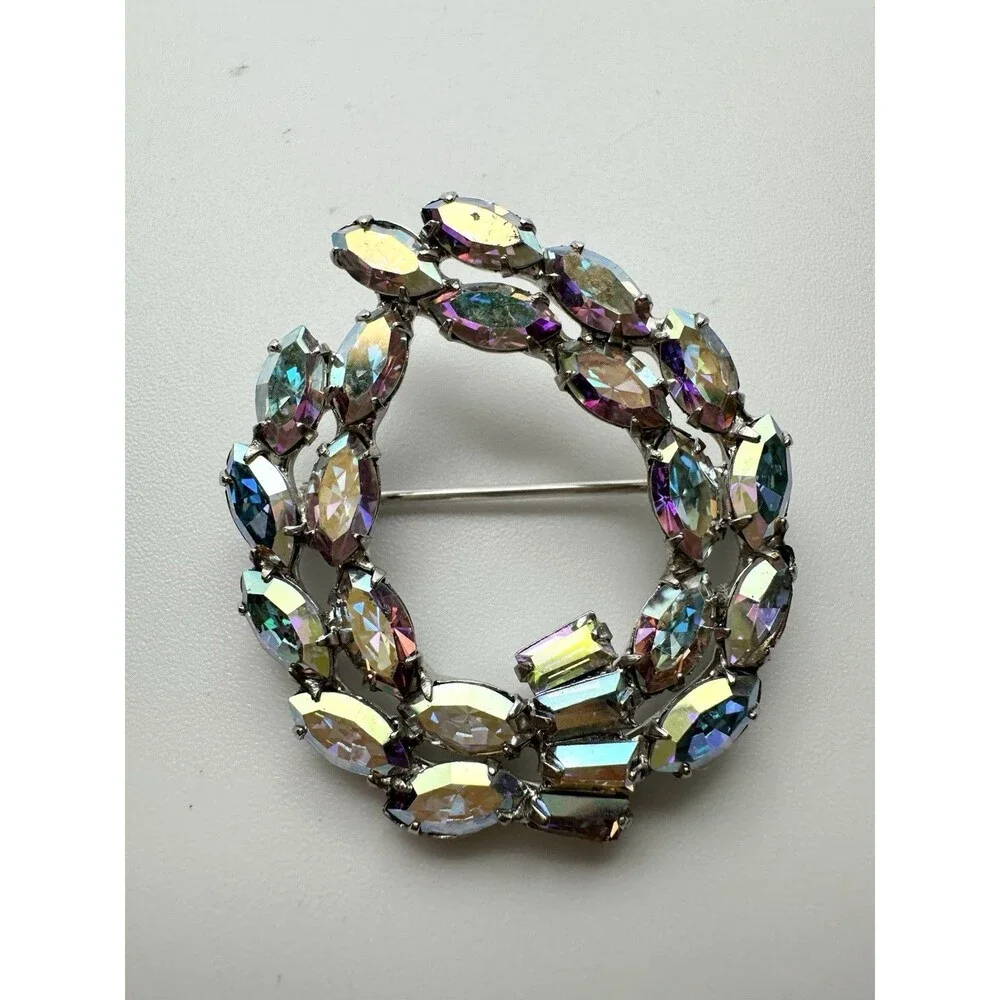 Vintage B. David Aurora Borealis Rhinestone Wreath Brooch Pin Silver Tone Signed