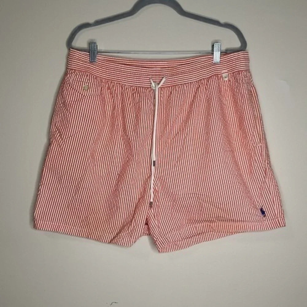 VTG Polo Ralph Lauren‎ Swimwear White/Pink Striped Swimming Shorts Men 2XL China