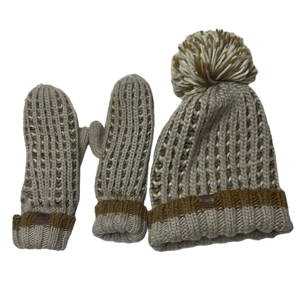 Roots Canada‎ Beige/Tan Chunky Knit Pom Pom Wool Blend Hat And Mittens.