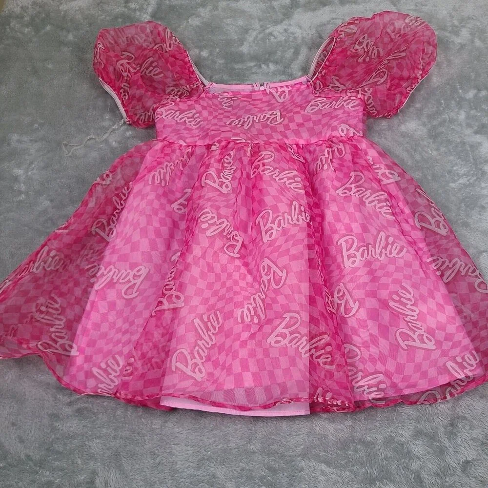 Girl's Pink Barbie Logo Puff Dress Size XL‎ 14 Balloon Sleeves Tulle Puff Skirt