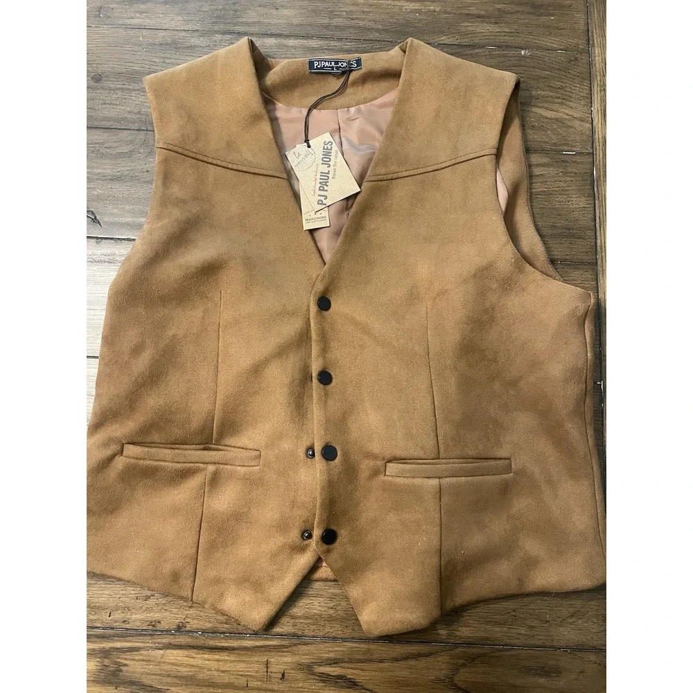 NWT PJ Paul Jones Men's Large Brown Faux Suede Vest Snap Suit Western Cowboy