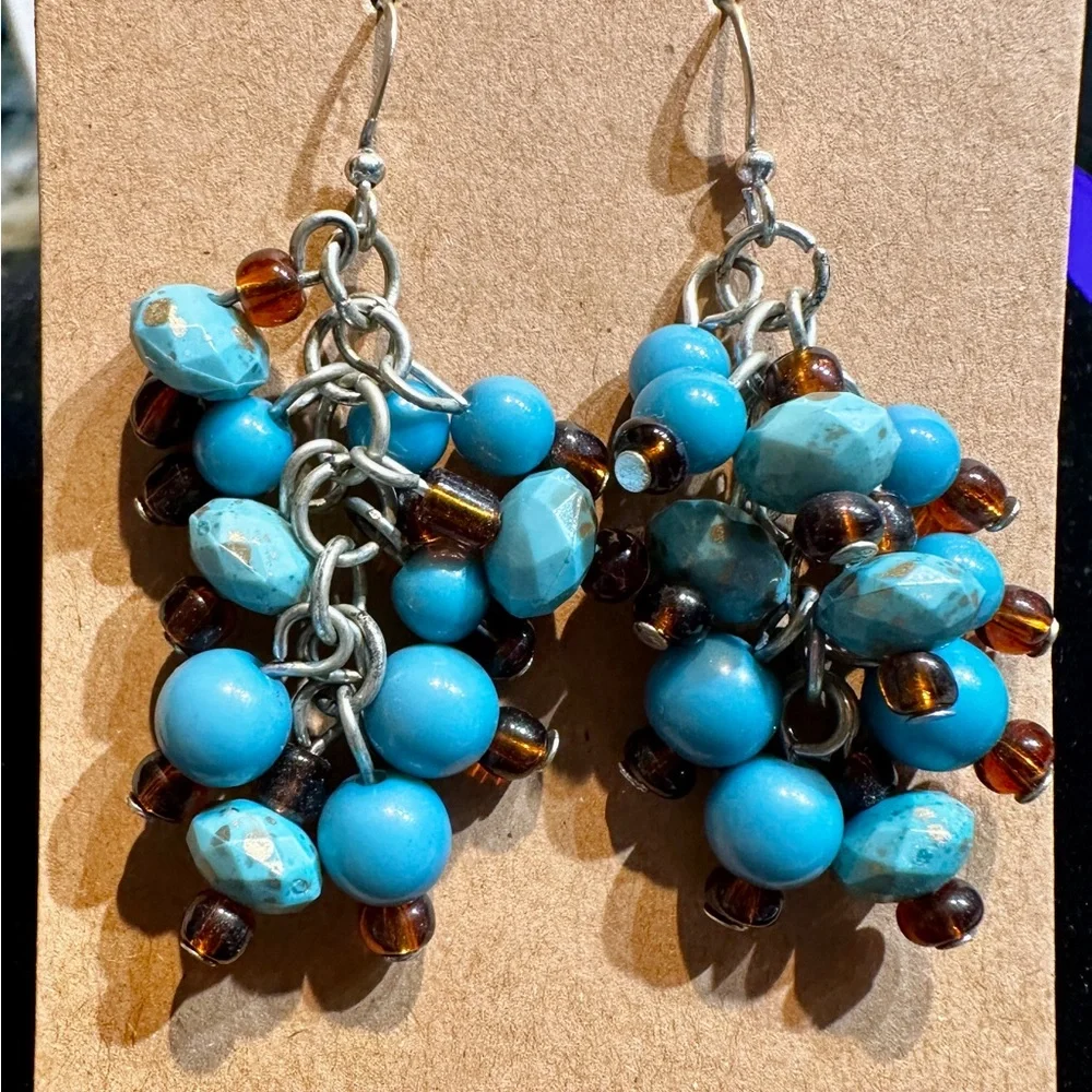 Turquoise Blue Beaded Cluster Dangle Earrings Silver Hook Boho Southwestern Boho
