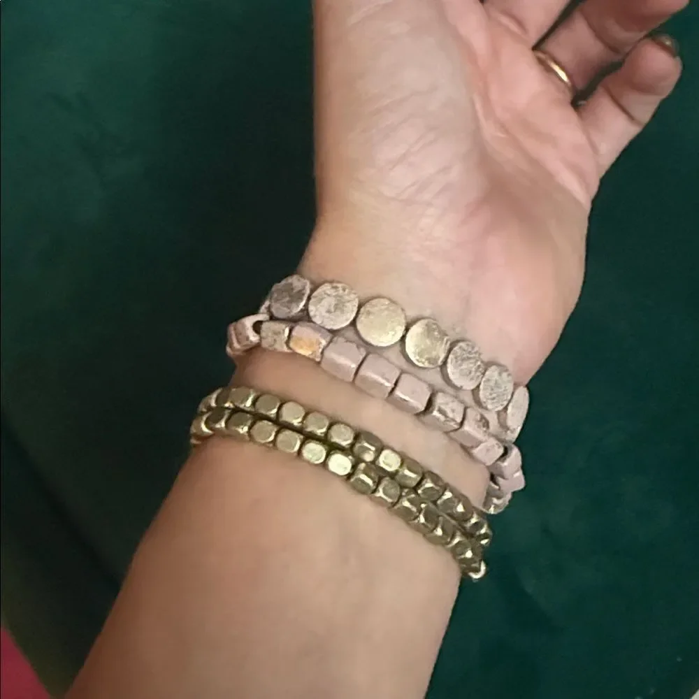 Beaded Stone Bracelet Set of (3) LOVE Bracelet Stretch Pink & Gold Stones