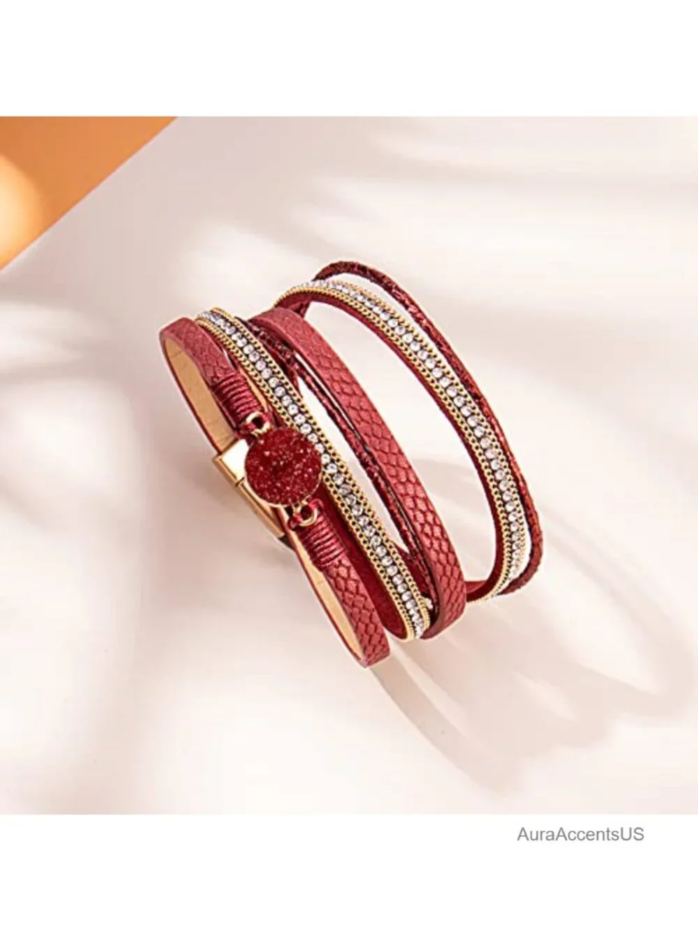 Genuine Leather Wrap Bracelet Bohemian Druzy CZ Chunky Cuff