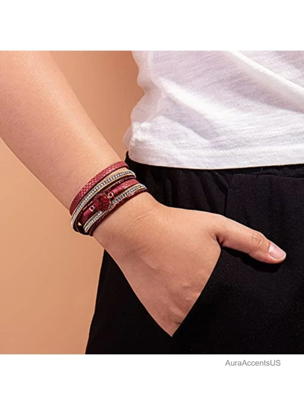 Genuine Leather Wrap Bracelet Bohemian Druzy CZ Chunky Cuff