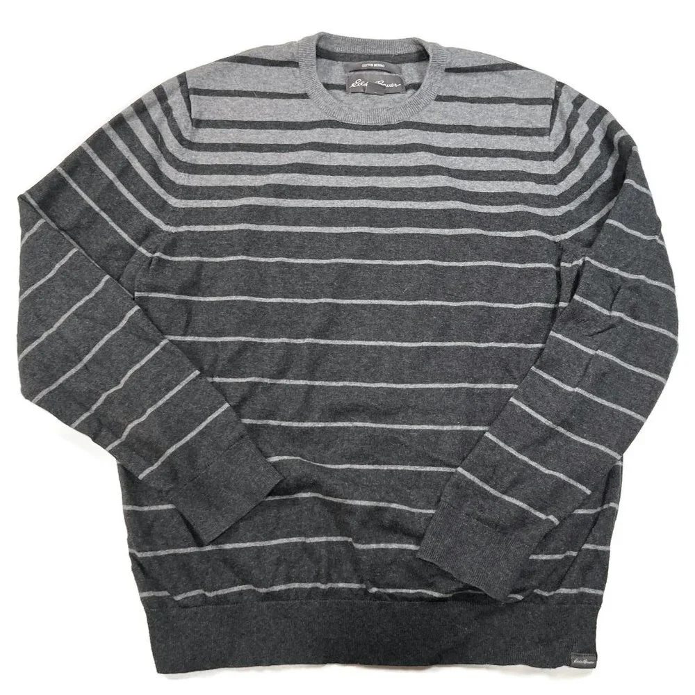 Eddie‎ Bauer Sweater Mens Large Gray Striped Crewneck Cotton Merino Wool