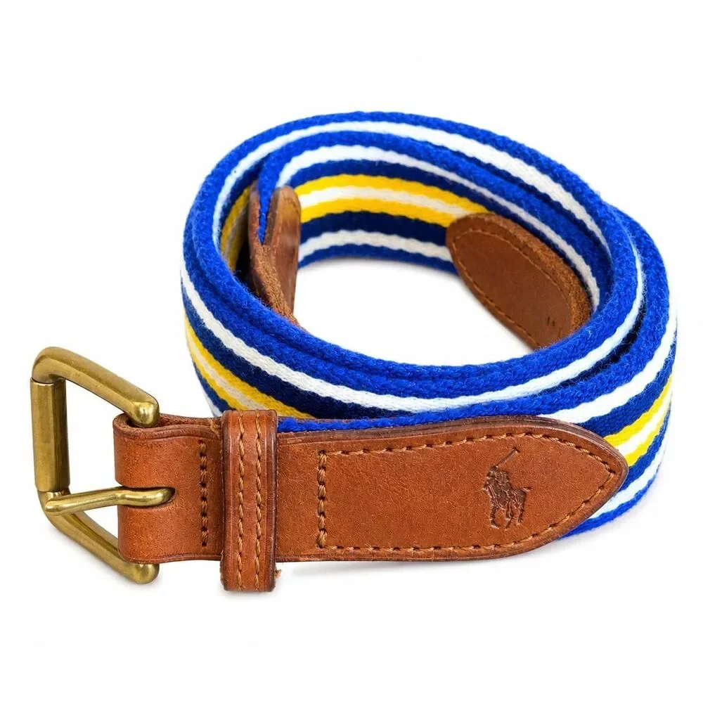 Polo Ralph Lauren Mens Striped Blue Yellow Wool Blend Web Belt Size 32