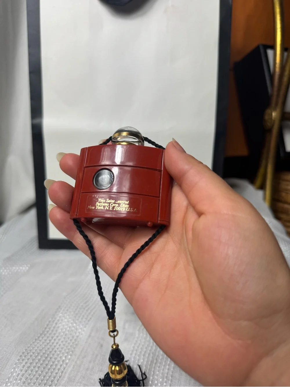 Vintage 80s Collector Yves Saint Laurent Red Black Opium Bottle Pendant Tassel