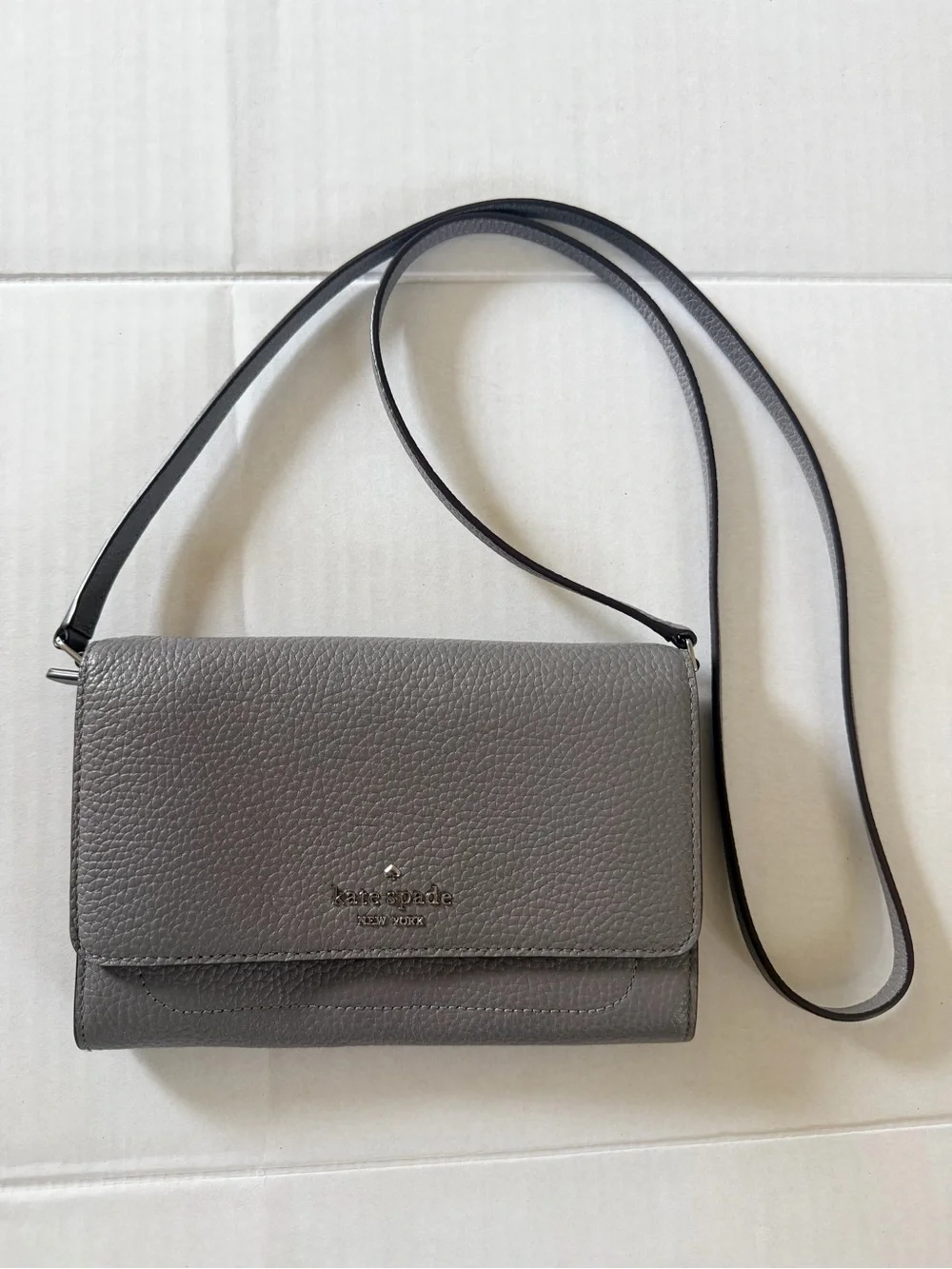 Kate Spade Harlow Wallet‎ with String - Gray Pebbled Leather Crossbody Wallet