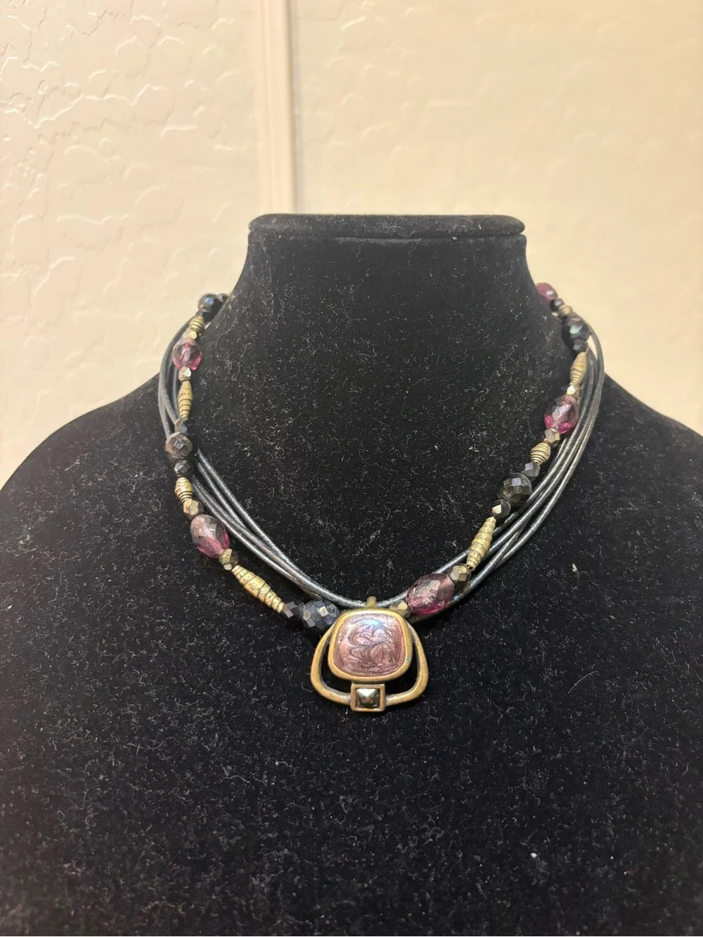 Chico's Black, Purple and Gold Multistrand Pendant Necklace