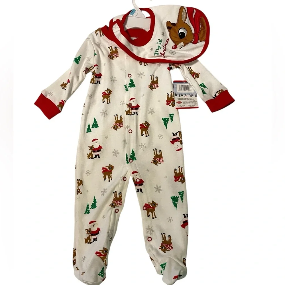 Rudolph‎ Baby First Christmas Reindeer Footie & Bib | 6M Unisex | NEW