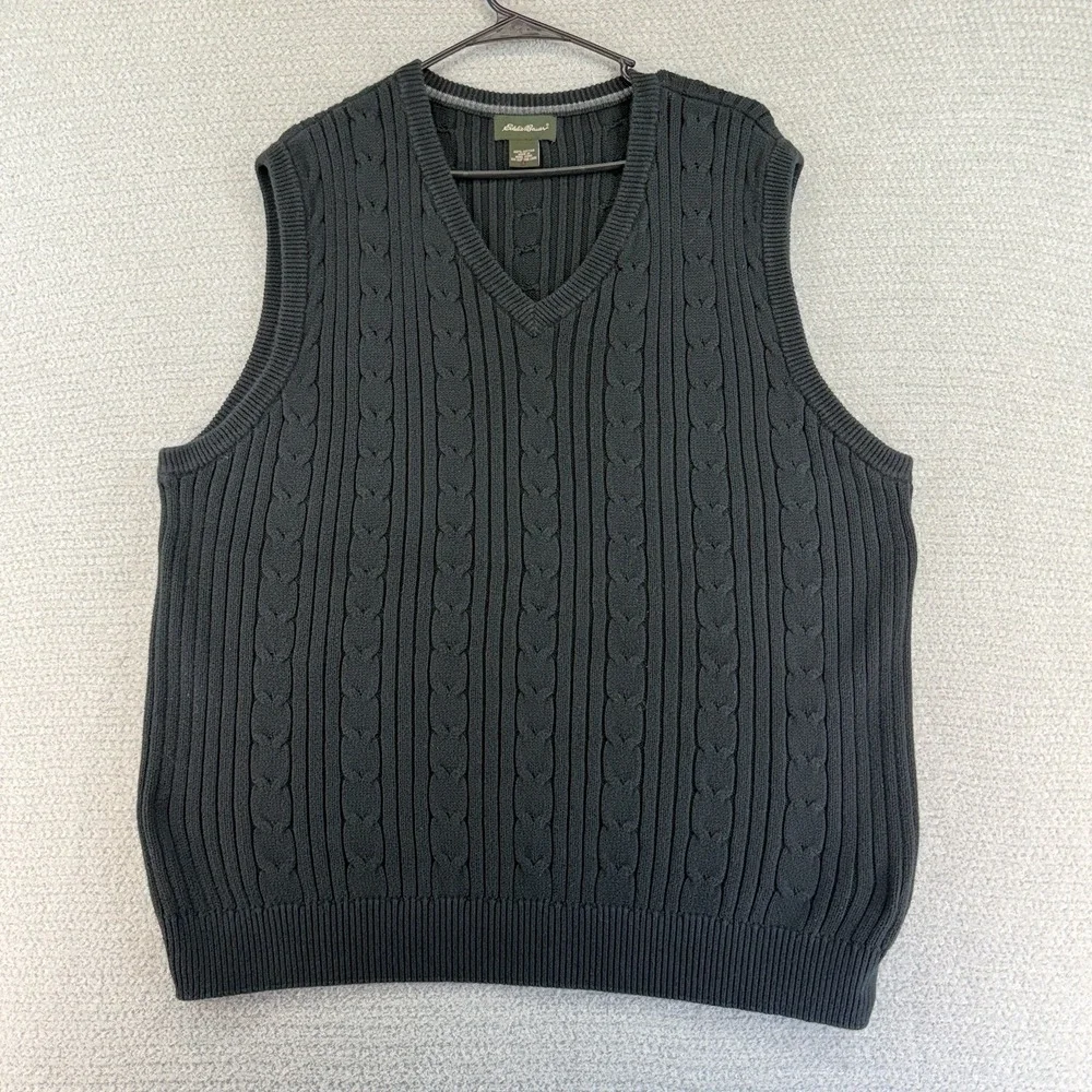 Vintage Eddie Bauer Sweater Vest Mens Large Black Cable Knit V-Neck Preppy‎