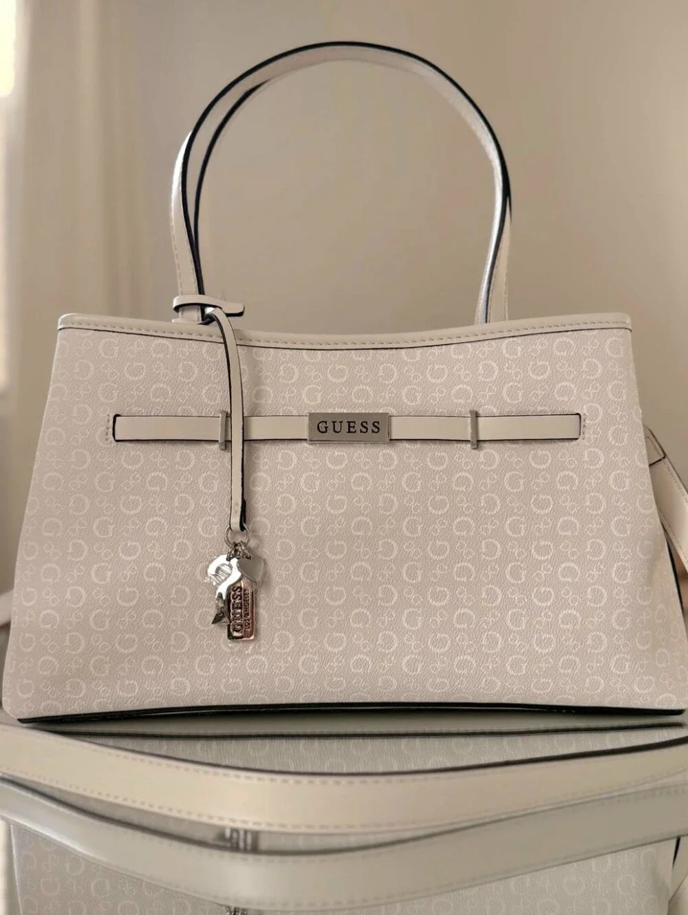 GUESS Cream Logo-Print Tote with Charm