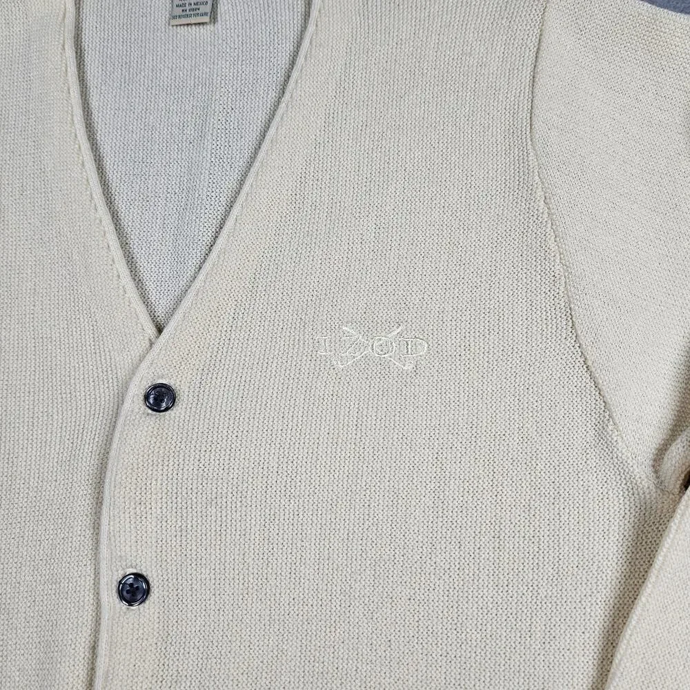 VINTAGE Izod Sweater Mens‎ Small Ivory Acrylic V-neck Cardigan Logo Grandpa