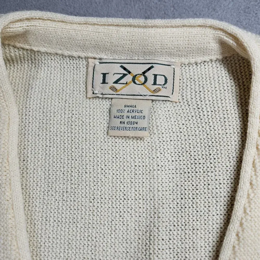 VINTAGE Izod Sweater Mens‎ Small Ivory Acrylic V-neck Cardigan Logo Grandpa