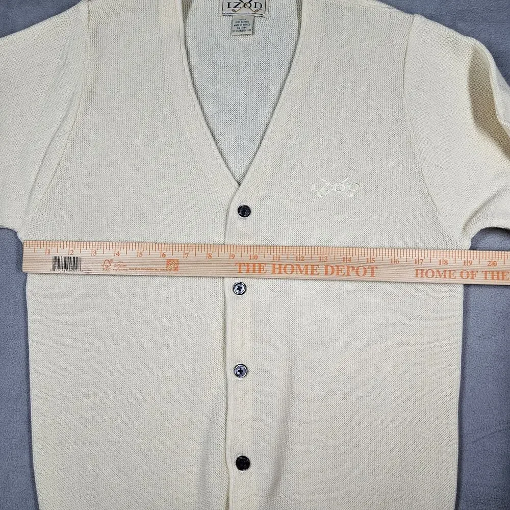 VINTAGE Izod Sweater Mens‎ Small Ivory Acrylic V-neck Cardigan Logo Grandpa