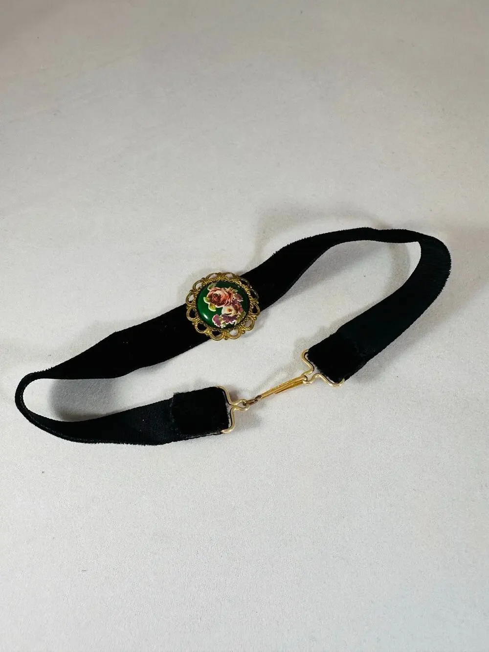 Vintage Western Germany Black Velvet Choker Floral Cabochon Necklace 13