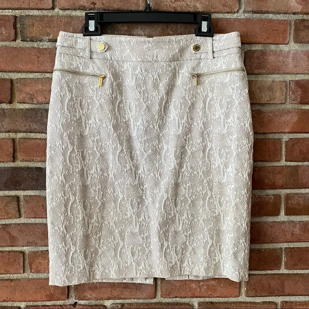 Calvin Klein Taupe and Ivory Print Pencil Skirt with Gold Accents Size 10