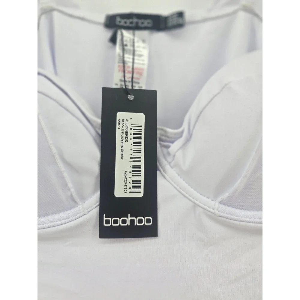 Boohoo One Piece Swimsuit Women 10 White Underwired Tie Shoulder Mesh‎ GZ241209