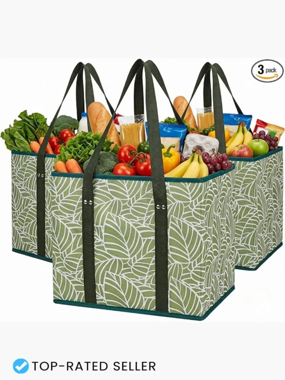 Reusable Grocery Bags 3-Pack Foldable Totes Heavy Duty Stand Up 45lb Eco
