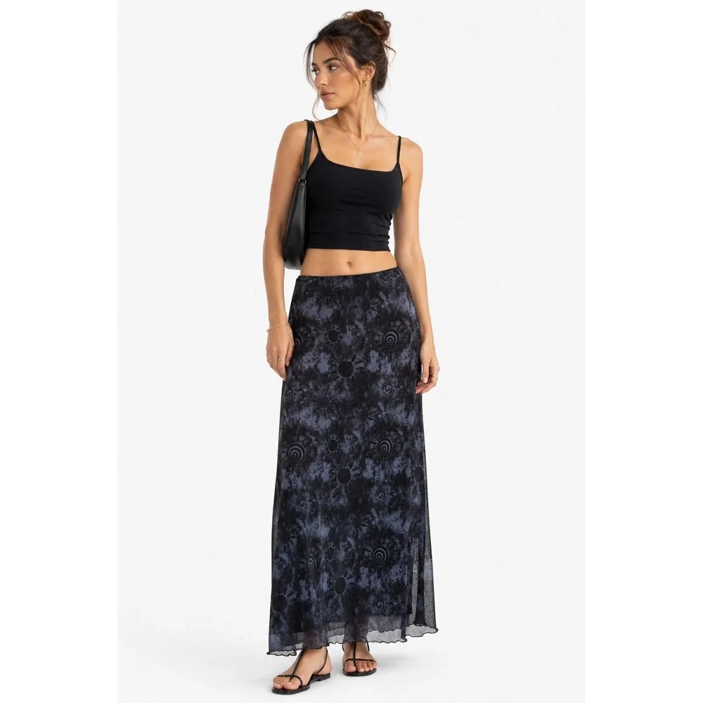 Daisy Street Mesh Maxi Skirt Womens Medium Blue Celestial Sun Print Grunge Y2K
