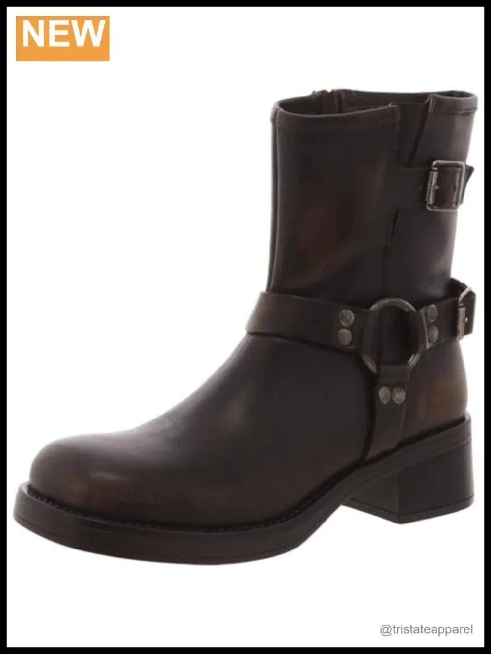 Women's Motorcycle Boots Distressed Leather Harness Zip Ankle Bootie