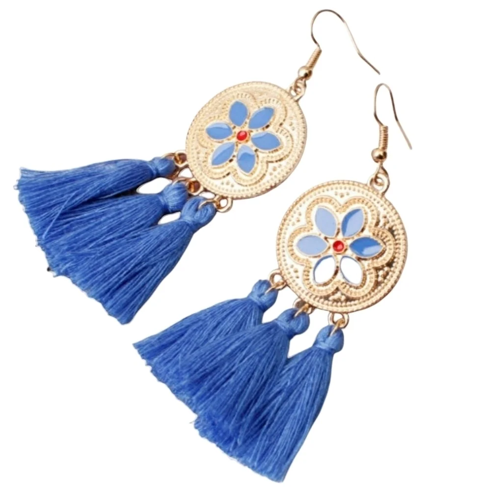 Bohemian‎ Tassel Earrings Blue and Gold