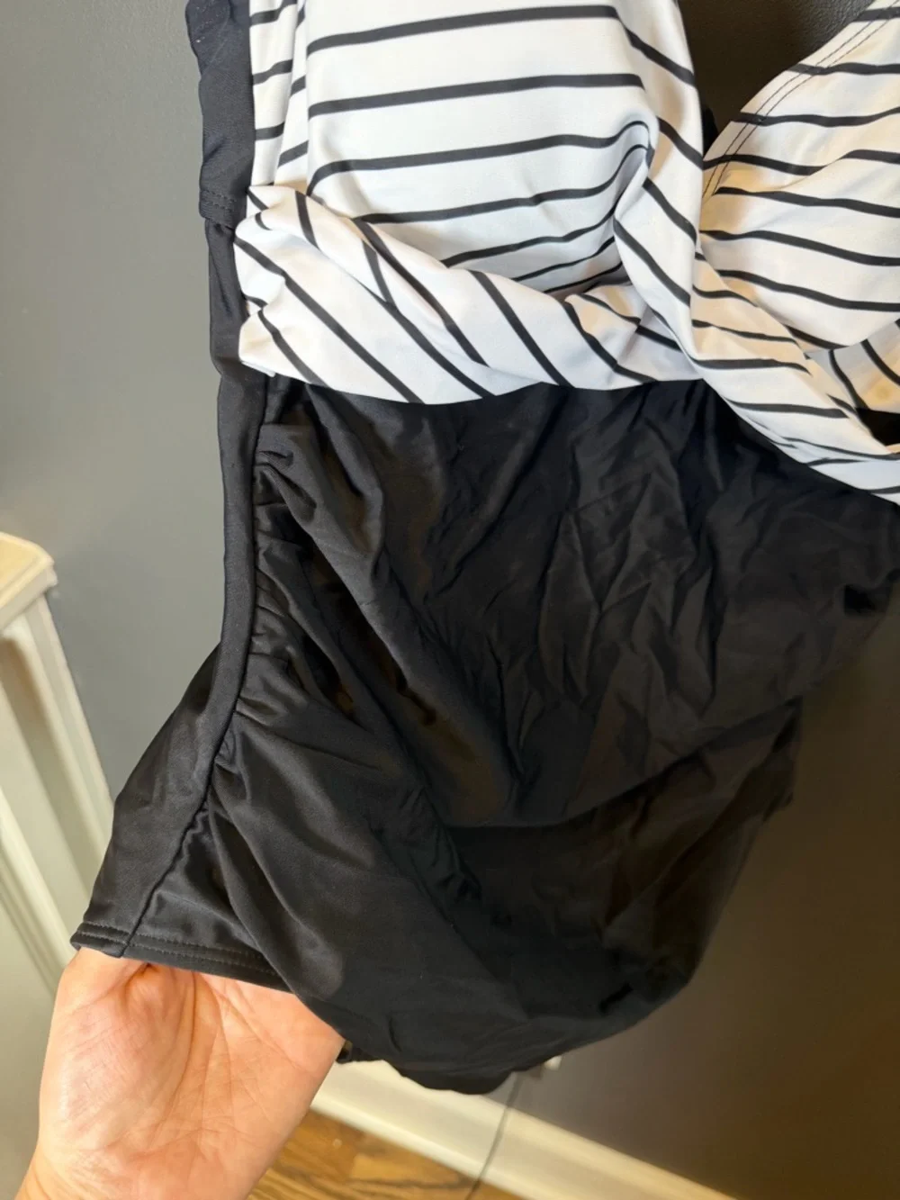 NWT Eomenie One Piece Swimsuit Black White Striped Ruched Tie Back Tummy Control