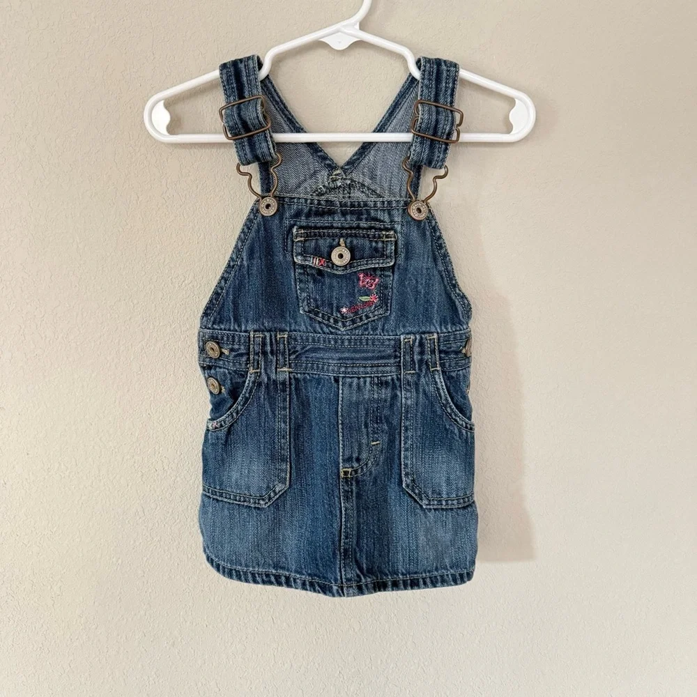 OshKosh Denim Jumper Dress Kids‎ 12M Blue Butterfly Embroidered Overall Skirt