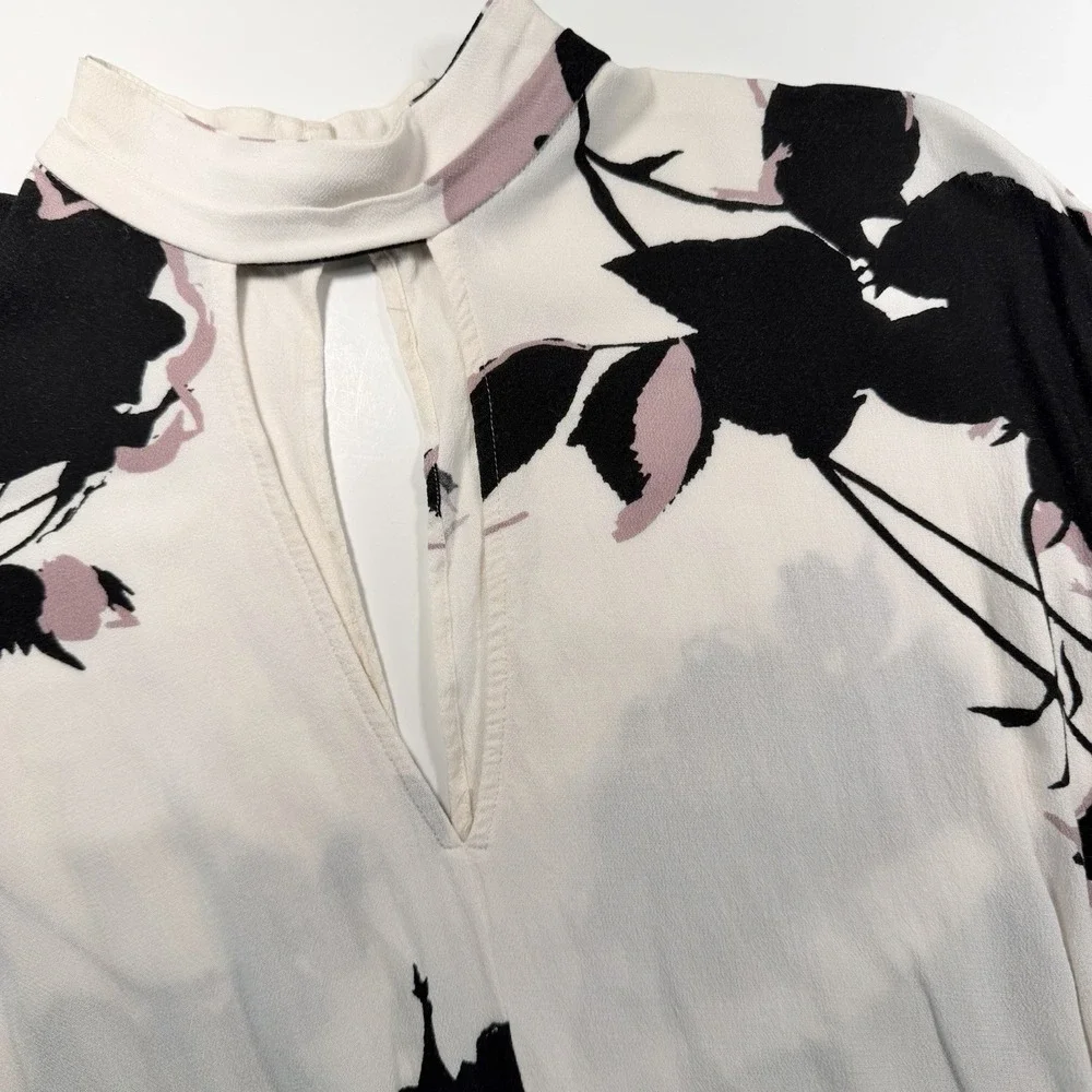 Free People Long Sleeve Ivory Black Floral Print Top Cutouts Tie Waist L‎