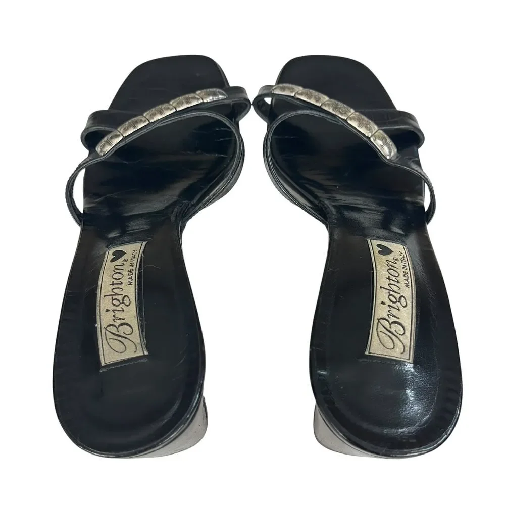 Brighton Taylor Silver Embalishmente Stap Black Leather Sandals Womens Size 6.5M