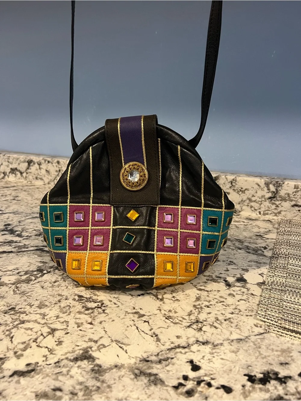 Vintage Black Multicolor Embellished Crossbody Bag