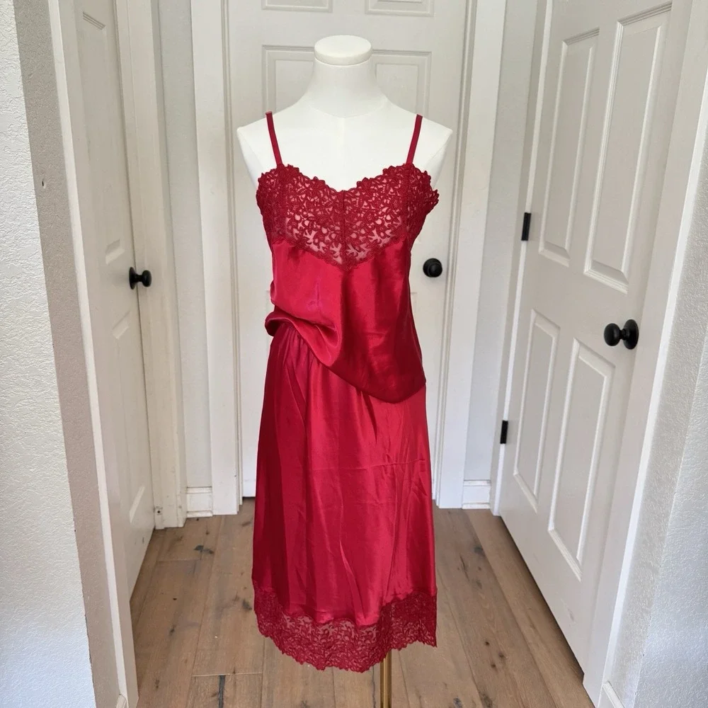 Vtg‎ Cabernet Set Red Wide Lace Liquid Satin Slip Skirt Camisole Top Sz S Sexy