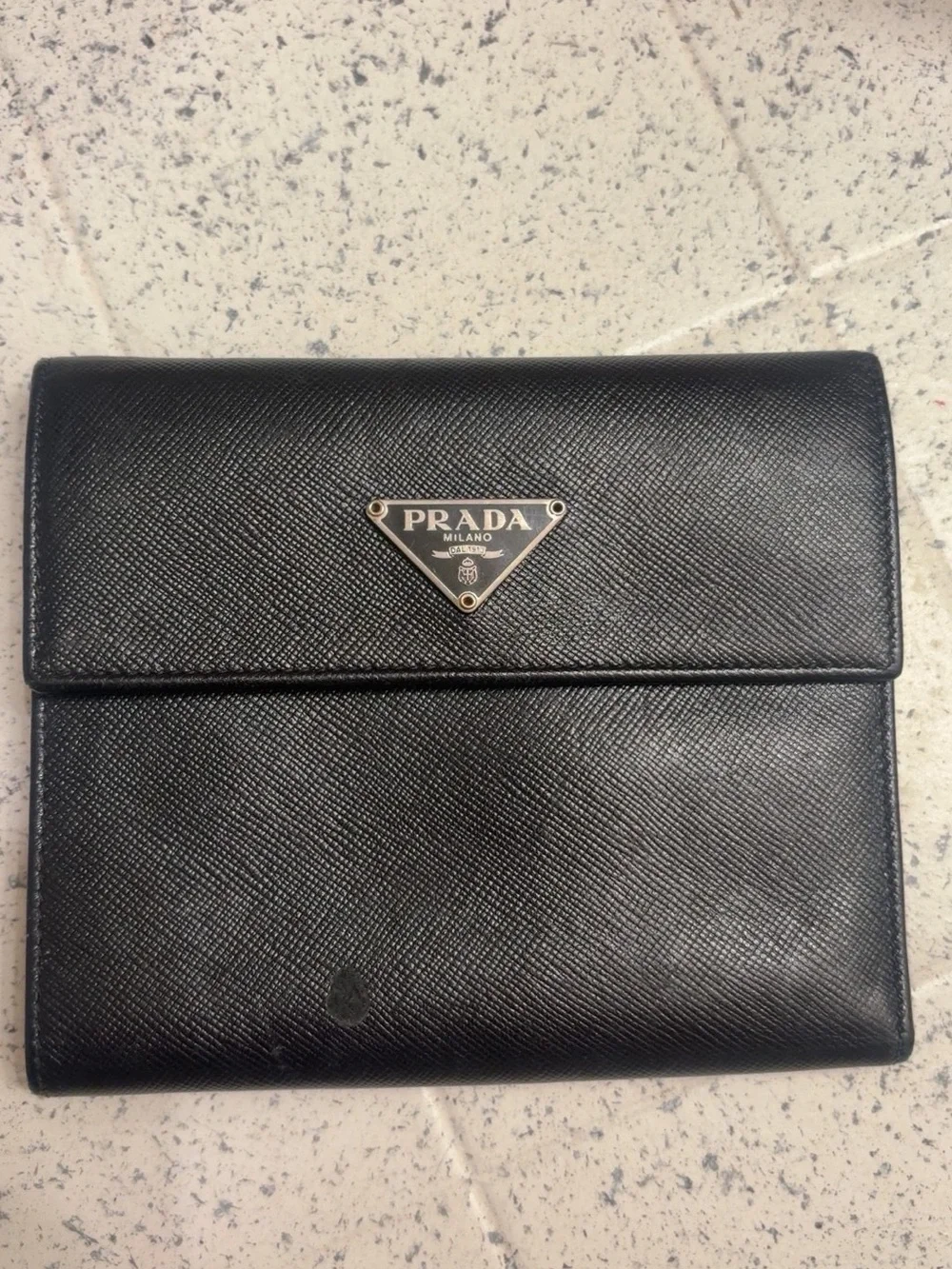 Prada Black Saffiano Leather Flap Wallet with Triangle Logo