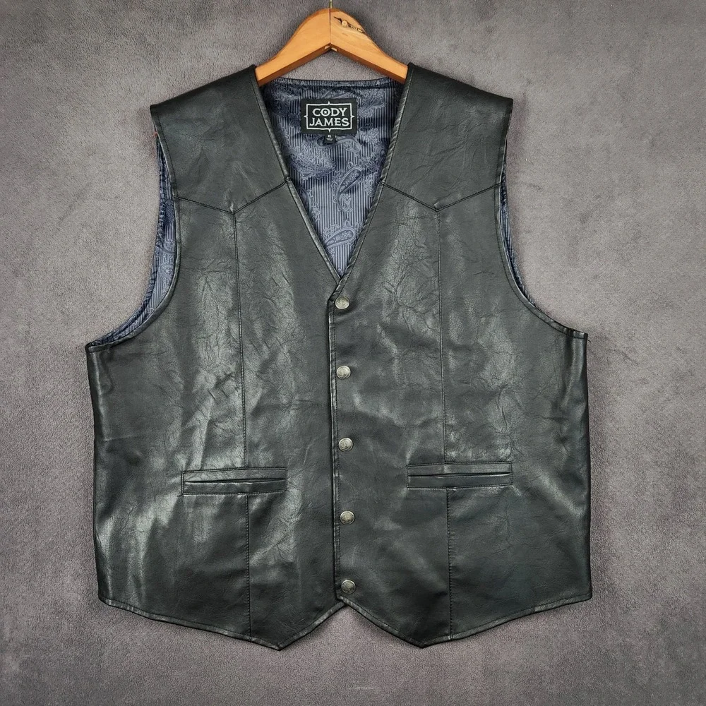 Cody James Deadwood Vest Mens XL Black Faux‎ Leather Western Snap CMBA17V32-BLK