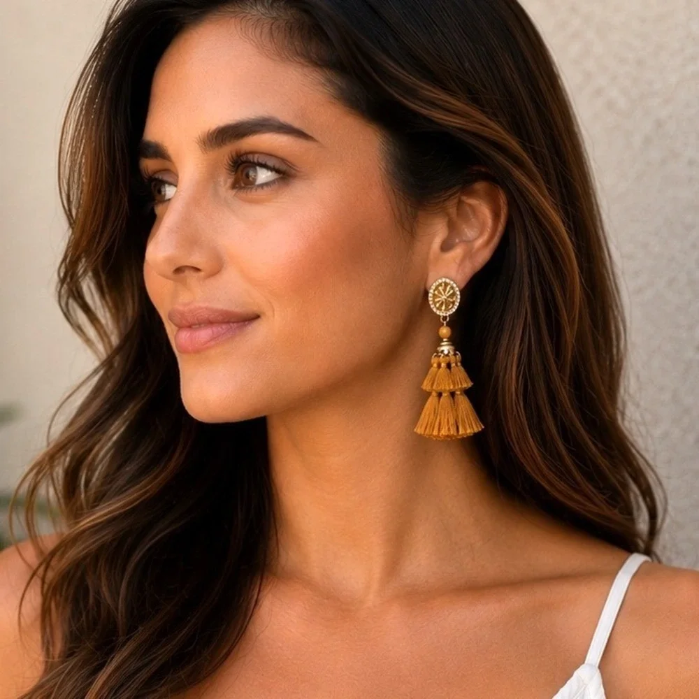 Unbranded‎ Tassel Drop Earrings Womens Mustard Yellow Boho Statement Fringe Stud